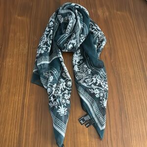New Versace Silk Chiffon Oblong Scarf Dark Teal Green White floral zig zag